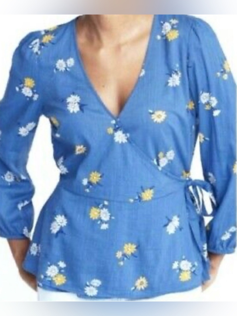 Old Navy Blue Floral Wrap Top Size XL Long Sleeve